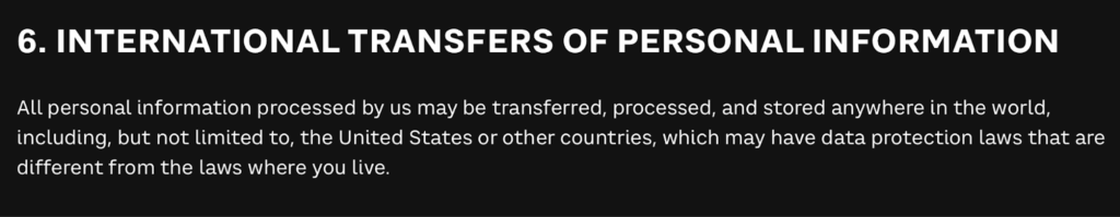 'International Transfers of Personal Information' section in Bubble Buzz privacy policy 