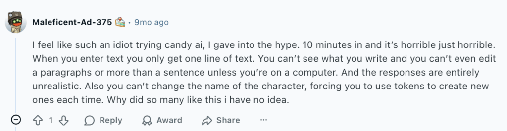 Negative Reddit post about Candy AI
