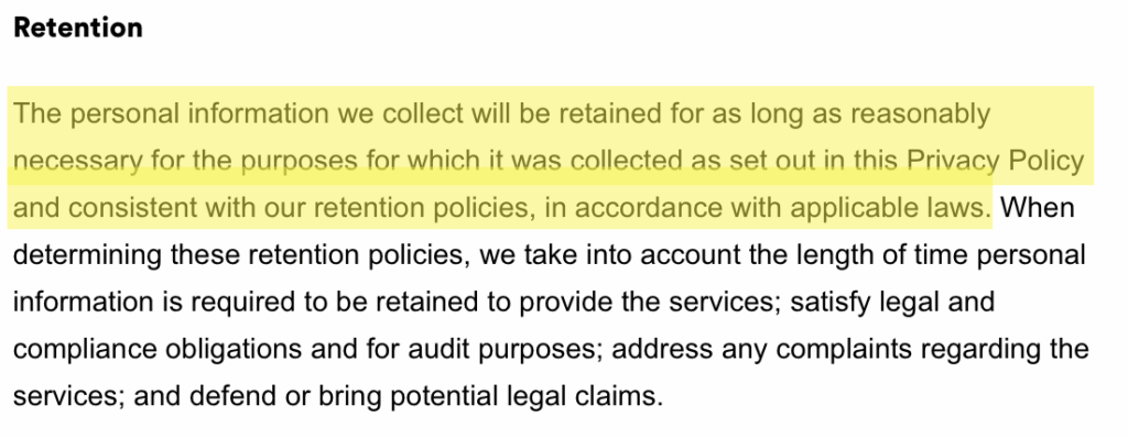 'Retention' section in Capital One Shopping privacy policy