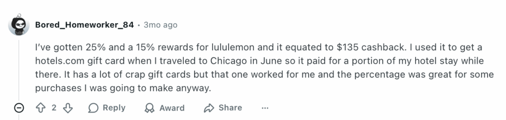 Positive Reddit post about Capital One Shopping