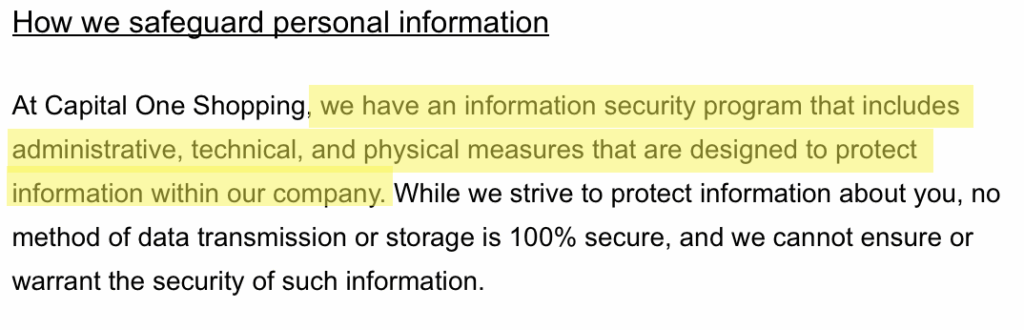 'How we safeguard personal information' section in Capital One Shopping privacy policy