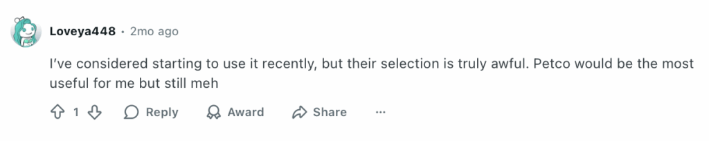 Reddit post about small Capital One Shopping selection