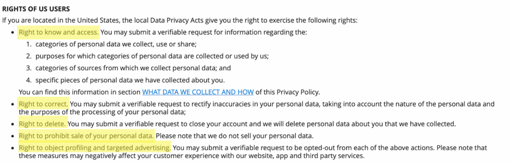 'Rights of Users' section in DateMyAge's privacy policy 