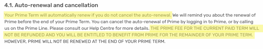 'Auto-renewal and cancellation' section in eDreams' terms and conditions 