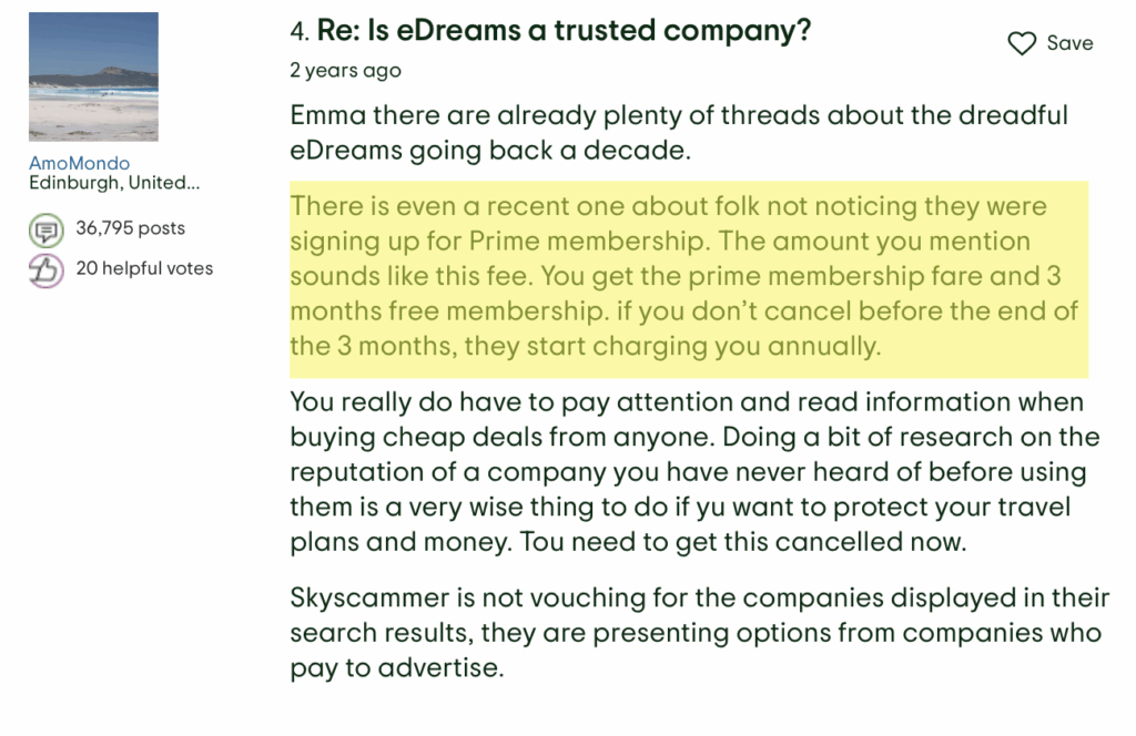 Negative eDreams review concerning its Prime membership 