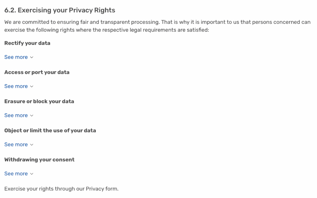 'Exercising your Privacy Rights' section in eDreams' privacy policy 