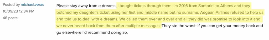 Negative eDreams review reporting an issue with an airline ticket 