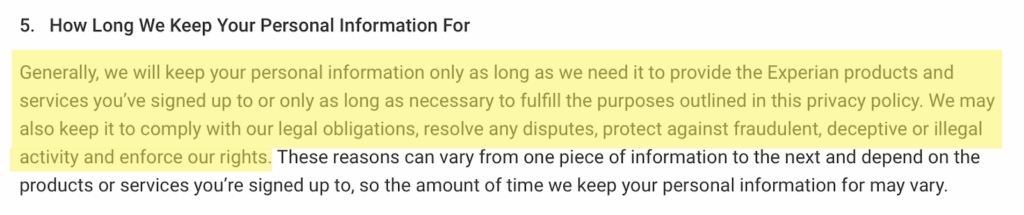 'How Long We Keep Your Personal Information For' section in Experian's privacy policy 