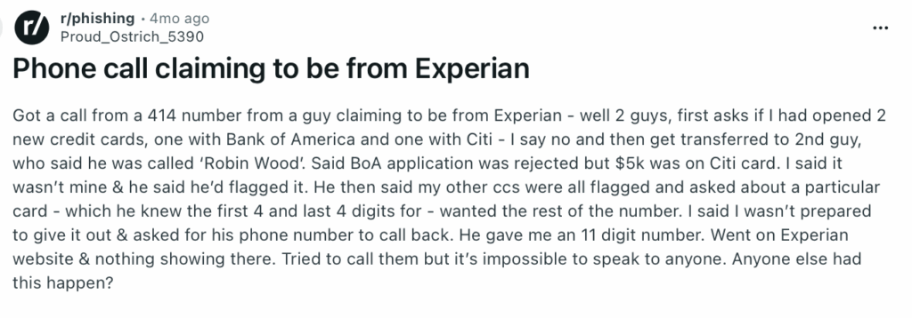 Reddit post about someone impersonating Experian 