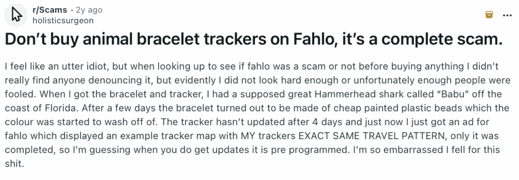 Negative Reddit post about Fahlo 