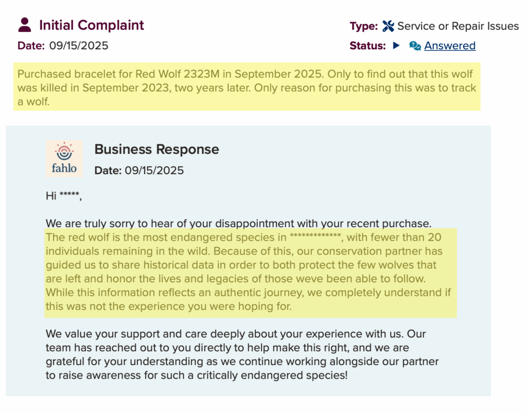 Fahlo BBB complaint about non real-time tracking of an endangered species 