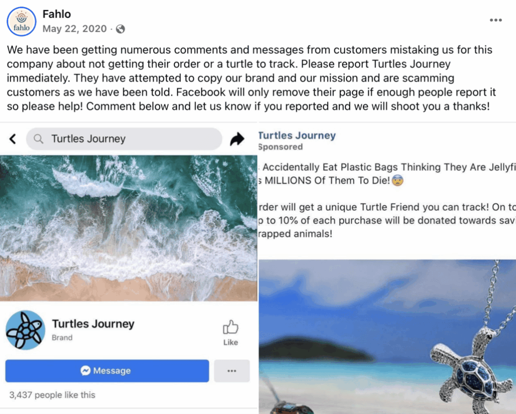 Fahlo warning about a copycat company on Facebook 