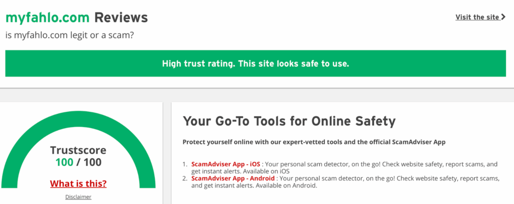 Fahlo Scam Adviser rating 