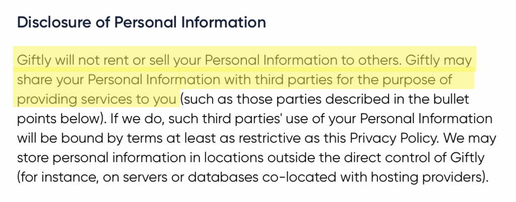 'Disclosure of Personal Information' section in Giftly's privacy policy 