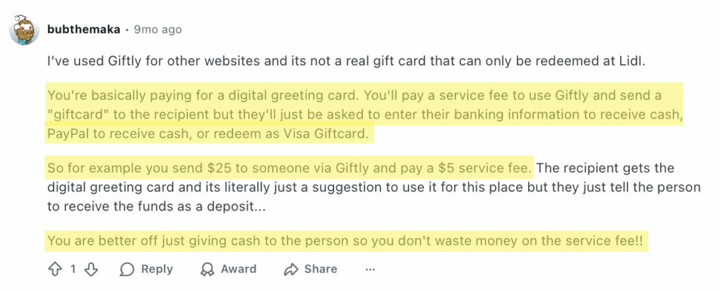 Reddit post about Giftly 