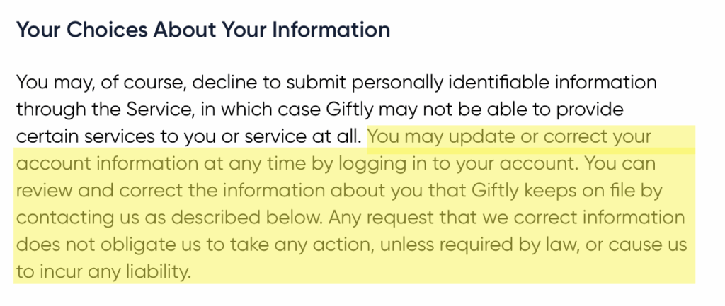 'Your Choices About Your Information' section in Giftly's privacy policy 