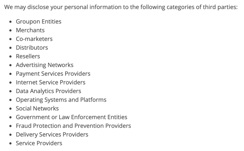 List of third parties that Groupon shares your personal information with 