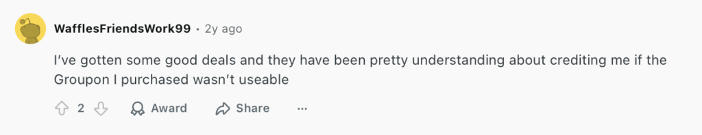 Positive Reddit post about Groupon 