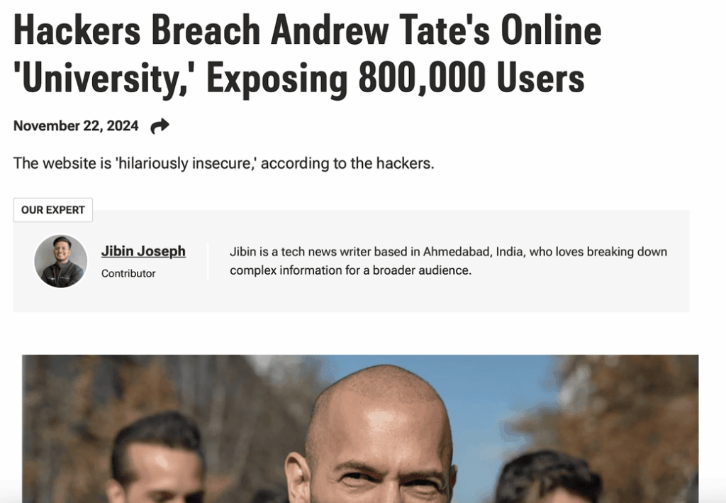 News headline - 'Hackers Breach Andrew Tate's Online 'University.' Exposing 800,000 Users' 