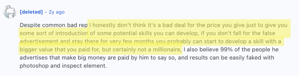 A Reddit post about Hustlers University from someone who doesn't think it's a bad deal for the price 