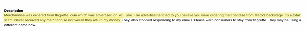 Macy's Backstage BBB complaint about an impersonator