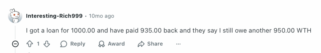 Negative Reddit post about NetCredit concerning high fees