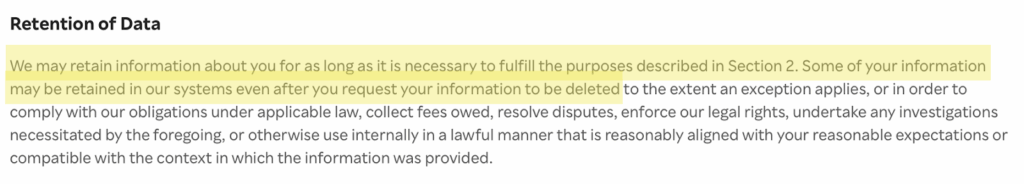 Rakuten data retention