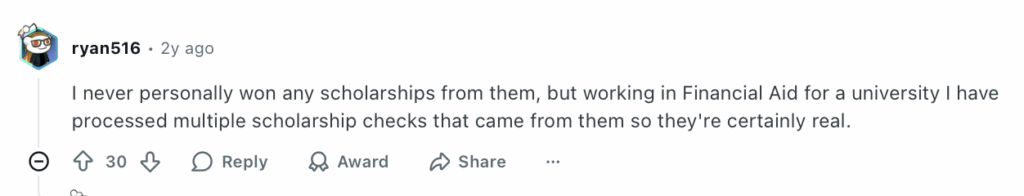 Reddit post about Bold.org from someone who works in Financial Aid for a university 