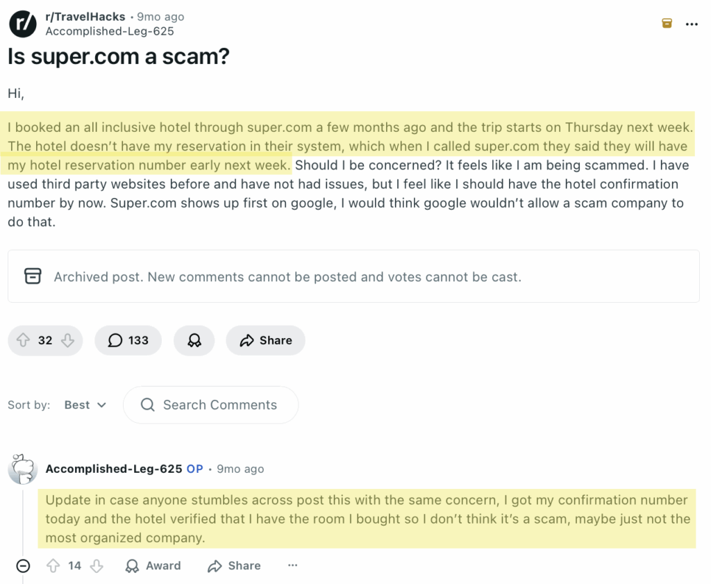 Reddit post about Super.com 