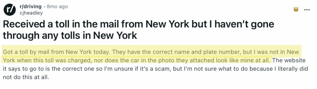 Reddit question: 'Received a toll in the mail from New York but I haven't gone through any tolls in New York'