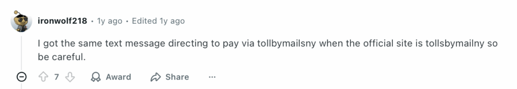 Reddit post about a smishing attempt from "Tolls By Mail" (i.e., actually a scammer)