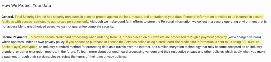 'How We Protect Your Data' section in Total Adblock privacy policy 