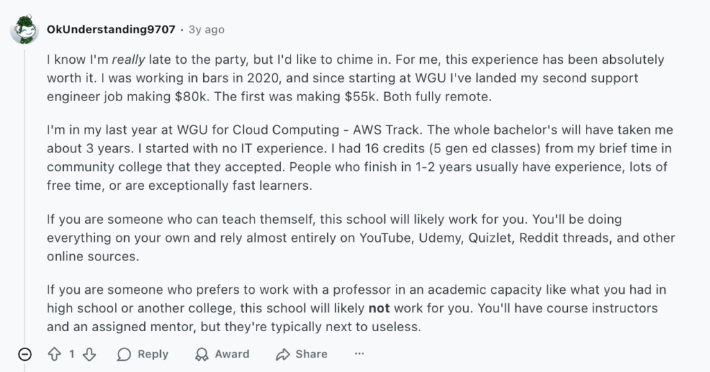 Positive Reddit post about WGU