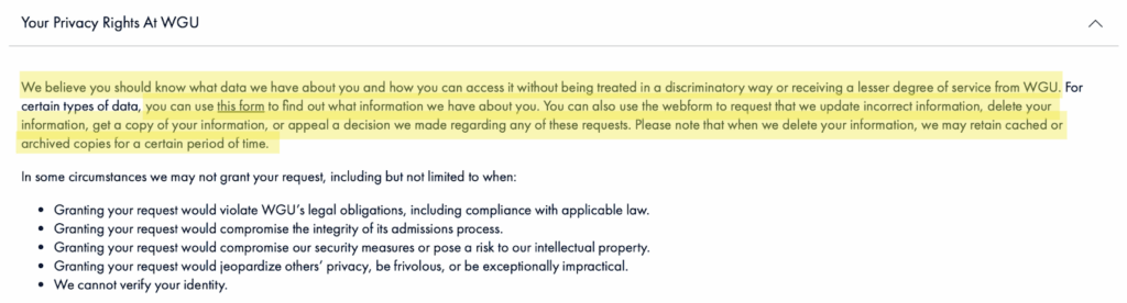 WGU students' privacy rights 