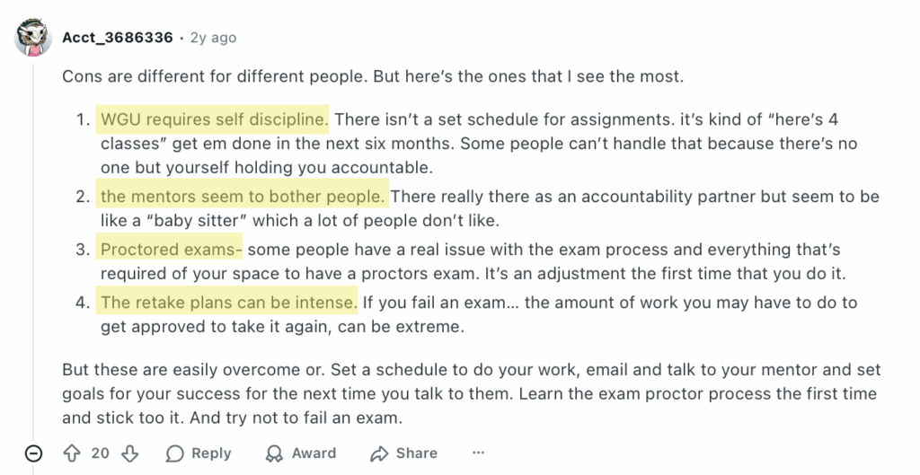 Reddit post with WGU cons