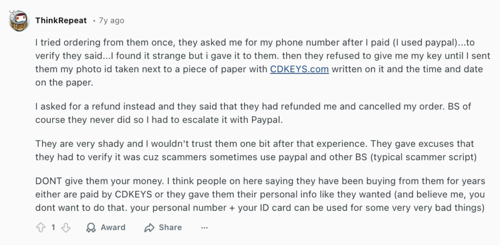 Negative Reddit post about CDKeys