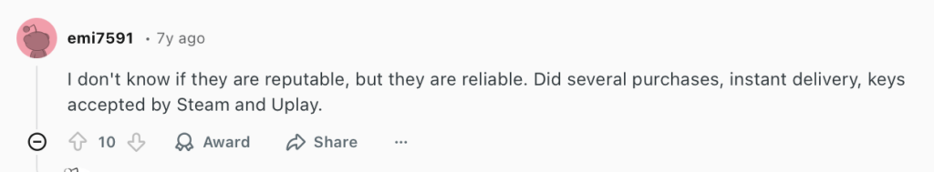 Positive Reddit comment about CDKeys