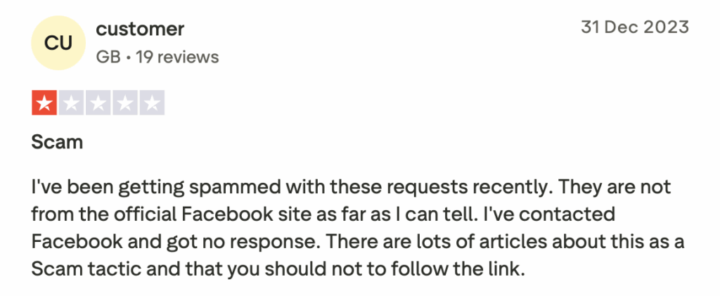 Trustpilot complaint about a Facebookmail.com impersonation scam 