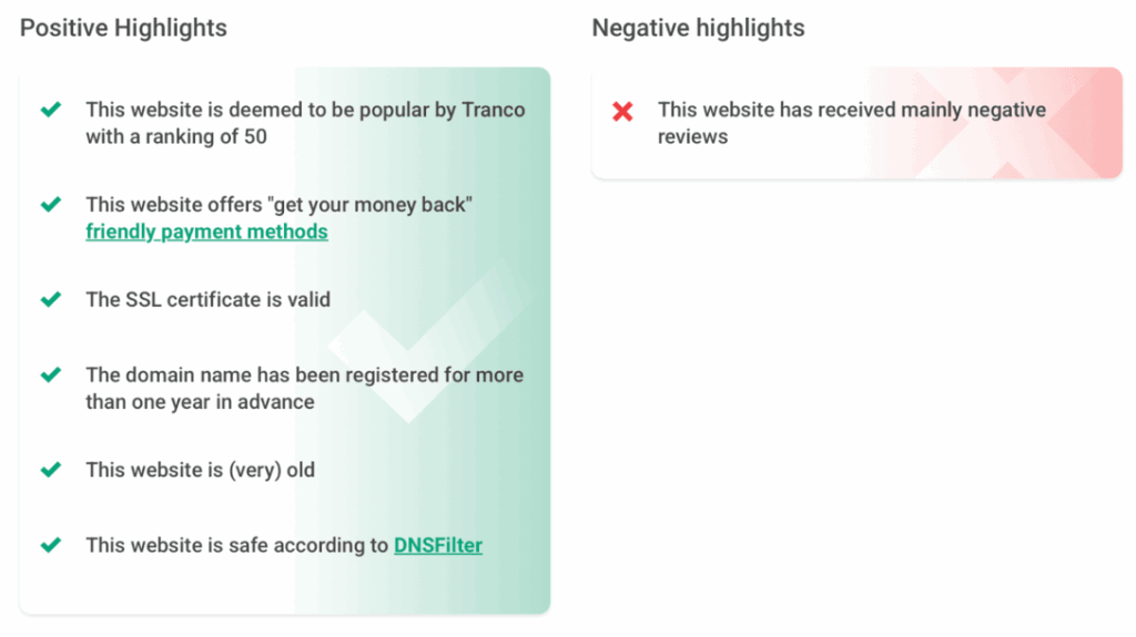 Facebookmail.com Scam Adviser positive highlights and negative highlights 