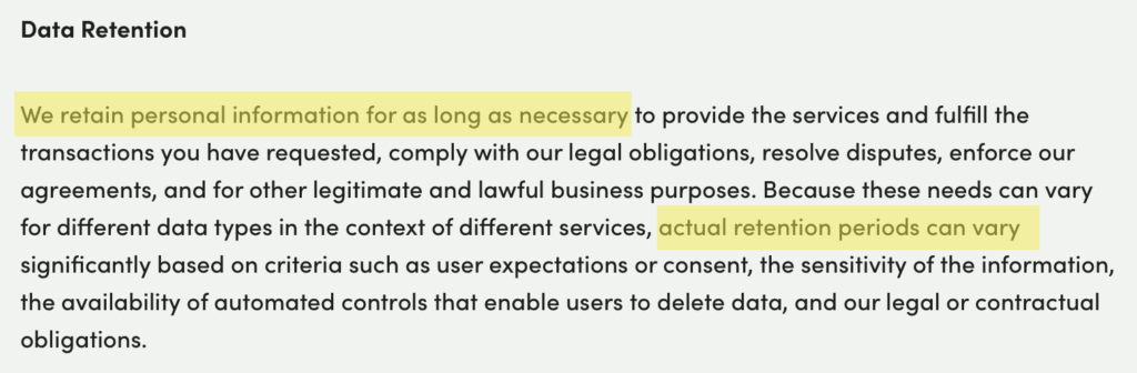 Hers data retention as per the company's privacy policy 