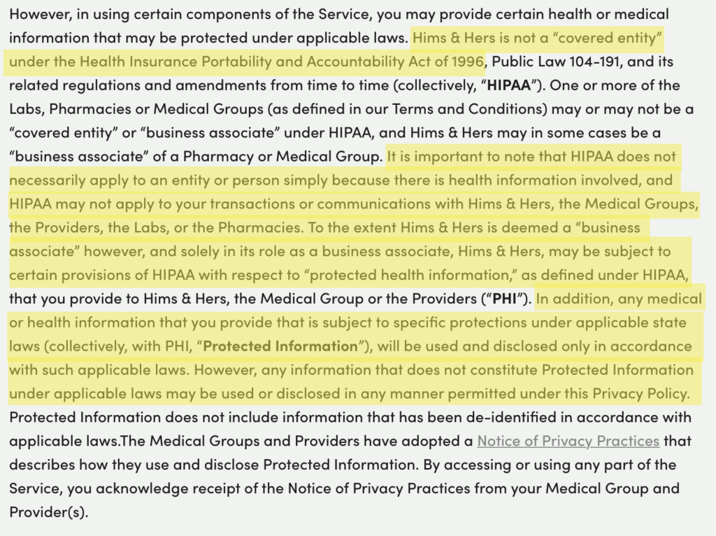 Health data protection as per Hers' privacy policy 