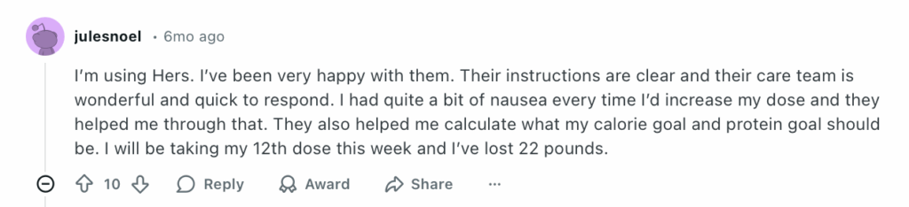 Positive Reddit post about Hers