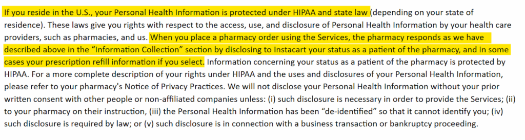 Instacart information about Personal Health Information and what happens when you place a pharmacy order 