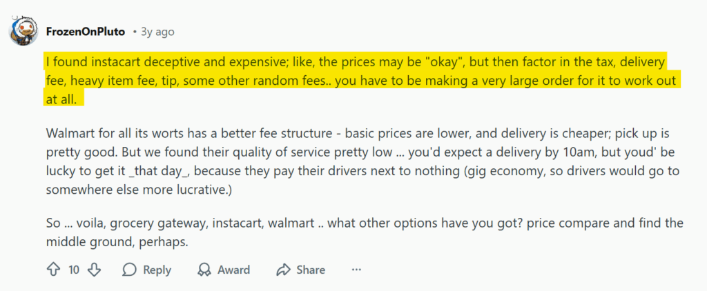 Negative Reddit post about Instacart