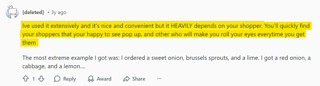 Neutral Reddit post about Insacart (saying that your experience depends on the shopper you get)