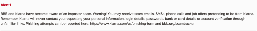 Klarna alert on the Better Business Bureau website