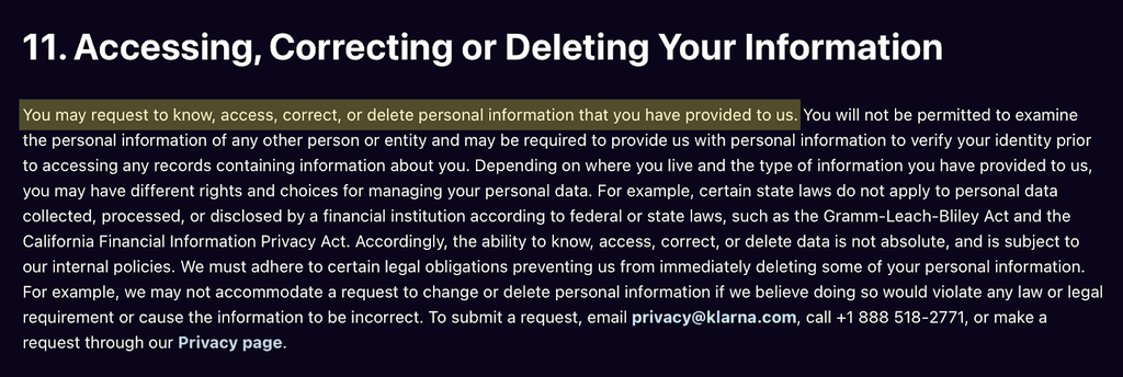 Klarna users' privacy rights