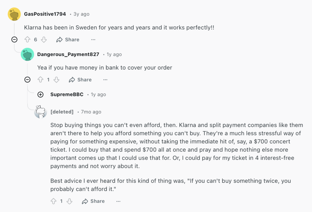 Reddit discussion about Klarna
