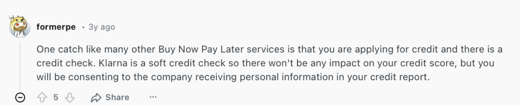 Reddit comment about Klarna, noting that Klarna does a soft credit check