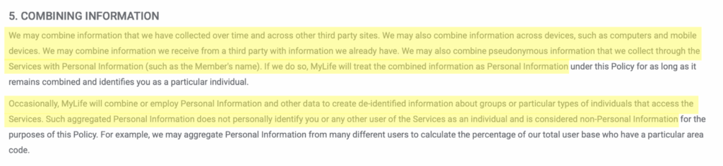 MyLife 'Combining Information' section in its privacy policy